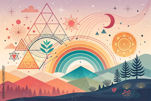 Colorful geometric shapes and abstract lines on a warm gradient background give off a sense of calm and happiness.