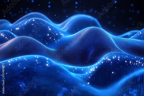 Abstract fluid wave patterns in gradient blue with glowing dots and digital effects