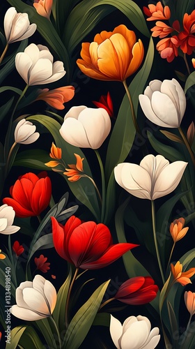 Tulips garden, dark background, floral pattern, print design
