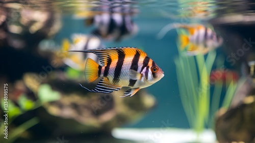 Tiger Barb Fish with Striking Black-and-Orange Vertical Stripes Swimming in an Aquarium
