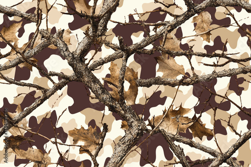 Realistic forest camouflage. Seamless pattern. Vector camouflage pattern. Deer hunting background. Conifer tree, branches and leaves. Useable for hunting and military purposes.