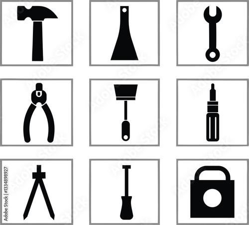 A grid of nine black and white icons, representing various tools.
