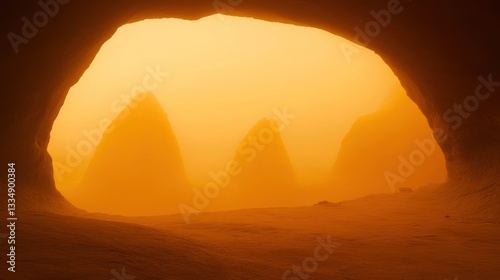 Golden cave opening to a hazy, orange desert landscape.