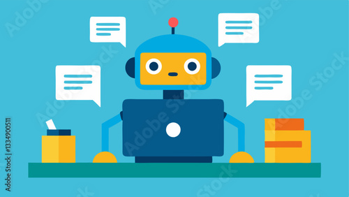 Robot Typist A friendly robot sitting at a desk using a computer typing away while documents and data files float around it symbolizing data entry automation.
