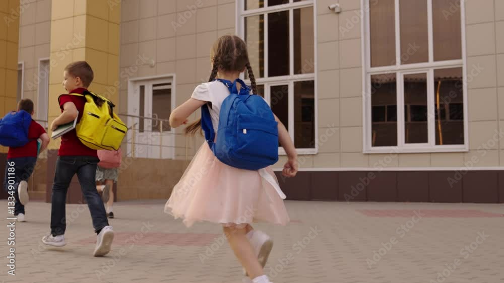 school enthusiasm, kids in uniforms, children's education, academic dreams, happy school kids, playground memories, children entering the building, learning begins, new school day, students with