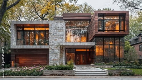 Modern house with wood, stone, and glass.  Illuminated interior visible at night