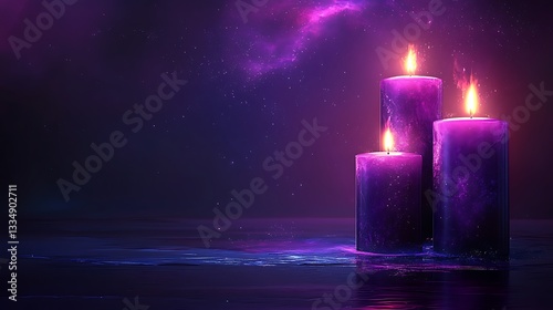 Three purple candles burning on reflective surface.