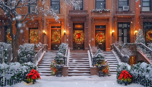 Snowy NYC townhouses, Christmas wreaths