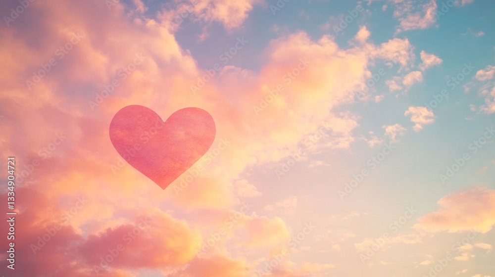 Serene romantic sky featuring soft pink and orange hued clouds and a superimposed delicate textured heart symbol floating peacefully in the atmosphere Serene romantic sky featuring soft pink and orange hued clouds and a superimposed delicate textured heart symbol floating peacefully in the atmosphere
