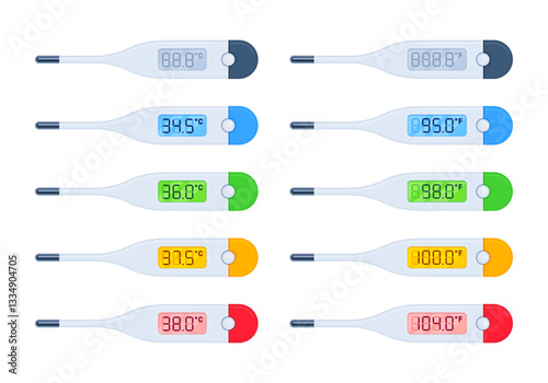 Set of digital thermometers with temperature readings in Celsius and Fahrenheit. Medical device for hypothermia and fever measurement. Flat vector illustration  isolated on white background