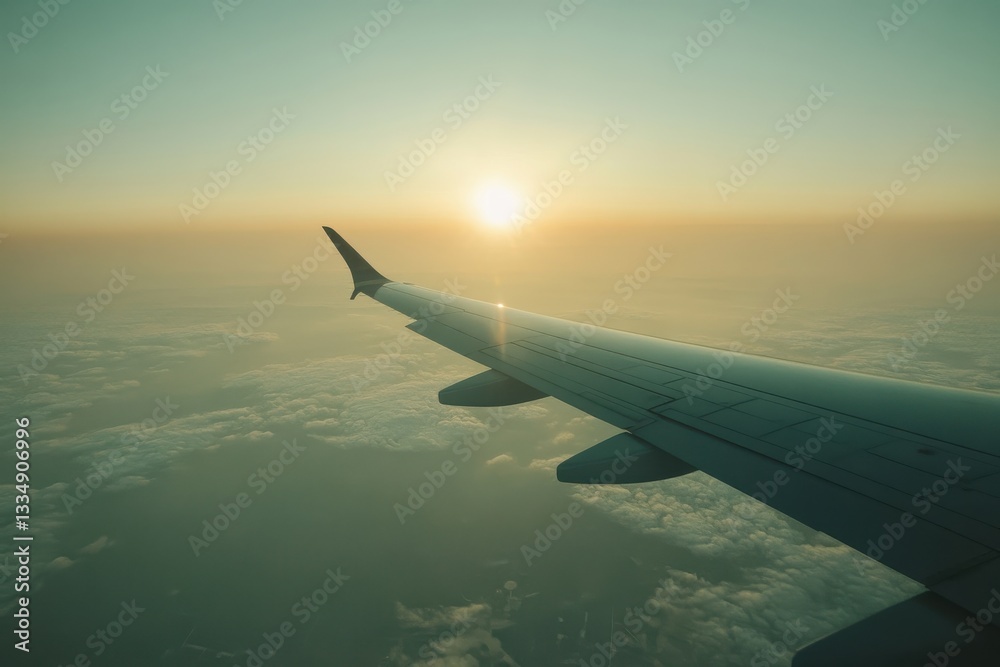 Obraz premium Airplane Wing Overlooking Clouds and Sunset During Flight in a Clear Sky