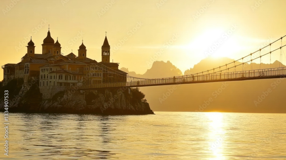 Fototapeta premium Golden hour sunset over a monastery island with a bridge.