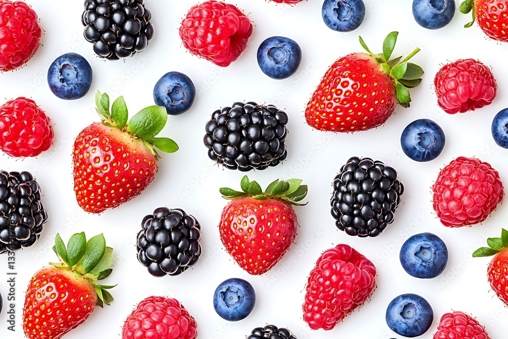 A vibrant and flat lay of various fresh berries, including strawberries, raspberries, blueberries, and blackberries, scattered on a white background. A vibrant and flat lay of various fresh berries, including strawberries, raspberries, blueberries, and blackberries, scattered on a white background.