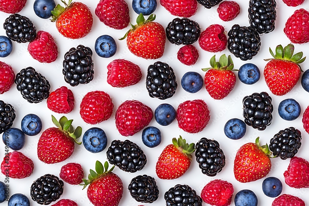 A vibrant and flat lay of various fresh berries, including strawberries, raspberries, blueberries, and blackberries, scattered on a white background. A vibrant and flat lay of various fresh berries, including strawberries, raspberries, blueberries, and blackberries, scattered on a white background.