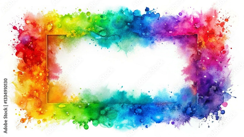 Fototapeta premium Vibrant rainbow watercolor frame with fluid splashes and gradients on white, perfect for creative designs