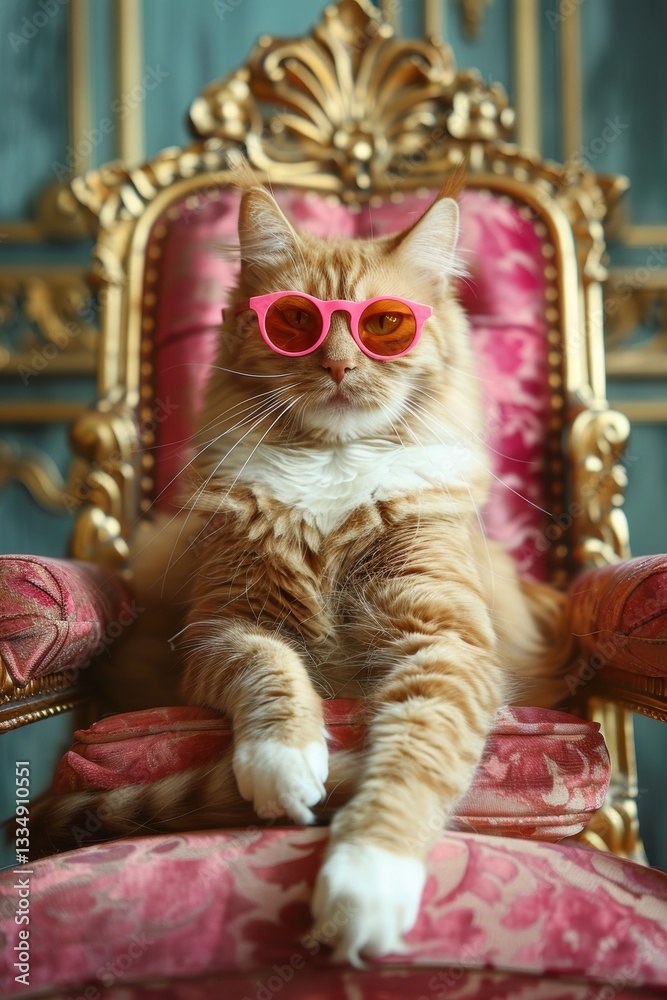 Fototapeta premium Sophisticated ginger cat with pink sunglasses rests regally on an ornate golden throne, radiating elegance and peculiar charm with a teal backdrop