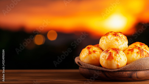 Warm and golden Brazilian cheese buns, also known as pÃ£o de queijo, are beautifully arranged in rustic bowl, set against stunning sunset backdrop photo