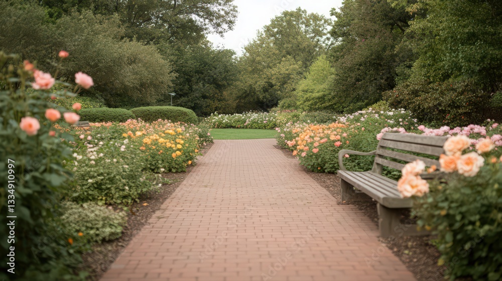 Obraz premium Serene Garden Path with Blooming Roses and Wooden Bench