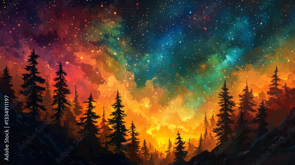 Spectacular celestial canvas with vivid colors in an imaginative representation of a dense forest under a starry, milky way sky Spectacular celestial canvas with vivid colors in an imaginative representation of a dense forest under a starry, milky way sky