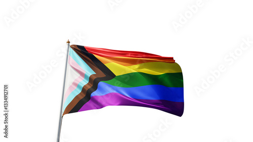 progress pride flag on a transparent background, waving in the wind, lgbt flag with no background, tall flagpole, lgbtqia, queer, symbol of the gay pride, tolerance, love, transparent png, alpha