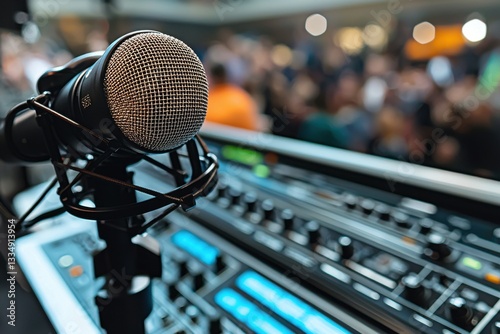 Professional microphone standing in front of a sound mixing console at a concert, with blurred audience in the background, creating a vibrant and dynamic atmosphere.