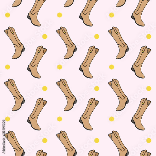 Wallpaper Mural A seamless pattern featuring stylish western cowboy boots with golden button details and yellow polka dots on a soft pink background. Ideal for fashion and textile projects Torontodigital.ca