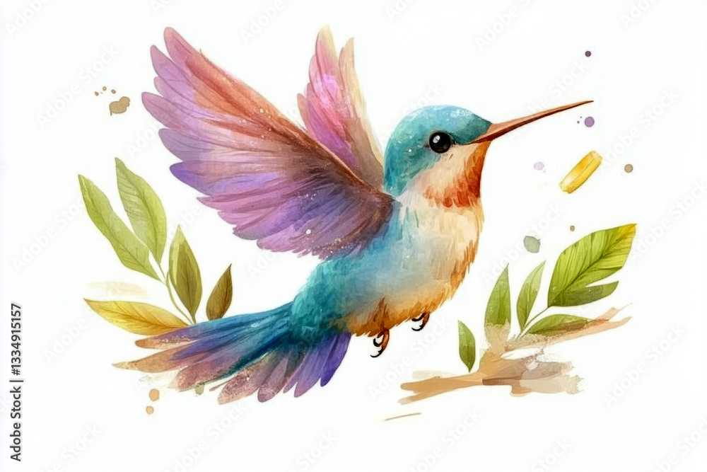 Fototapeta premium Vibrant hummingbird in flight colorful watercolor nature scene