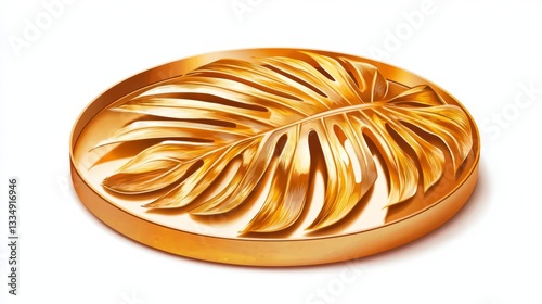 Golden leaf design on a circular plate, adding elegance and sophistication to any decor or artwork.