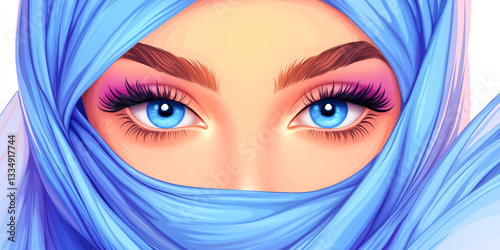Beautiful middle eastern woman wearing a blue hijab covering her face