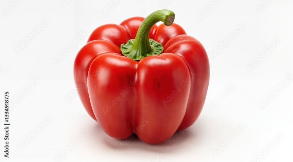 Fresh red bell pepper with vibrant color and glossy surface, isolated on a white background, featuring a classic shape with four lobes and a contrasting green stem. Fresh red bell pepper with vibrant color and glossy surface, isolated on a white background, featuring a classic shape with four lobes and a contrasting green stem.