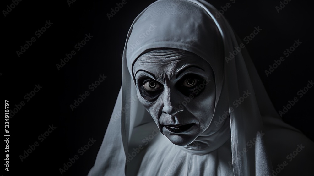 Terrifying demonic nun portrait, shrouded in darkness, with piercing yellow eyes and sinister makeup, creating a chilling and unsettling atmosphere Terrifying demonic nun portrait, shrouded in darkness, with piercing yellow eyes and sinister makeup, creating a chilling and unsettling atmosphere