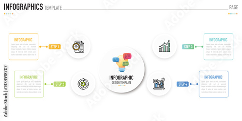 Circular mind map infographic template or element with 4 step, process, option, colorful circle, button, paper origami, tag, label, minimal style for sale slide, agenda, schedule, planner organization