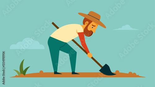 Overworked Farmer An exhausted farmer bending over a small plot of land with a hoe showing the strenuous labor involved and low returns from agriculture.