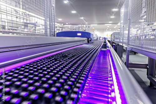 Advanced automated conveyor system featuring UV disinfection, showcasing modern industrial processes for sanitation and efficient material handling in a controlled environment.