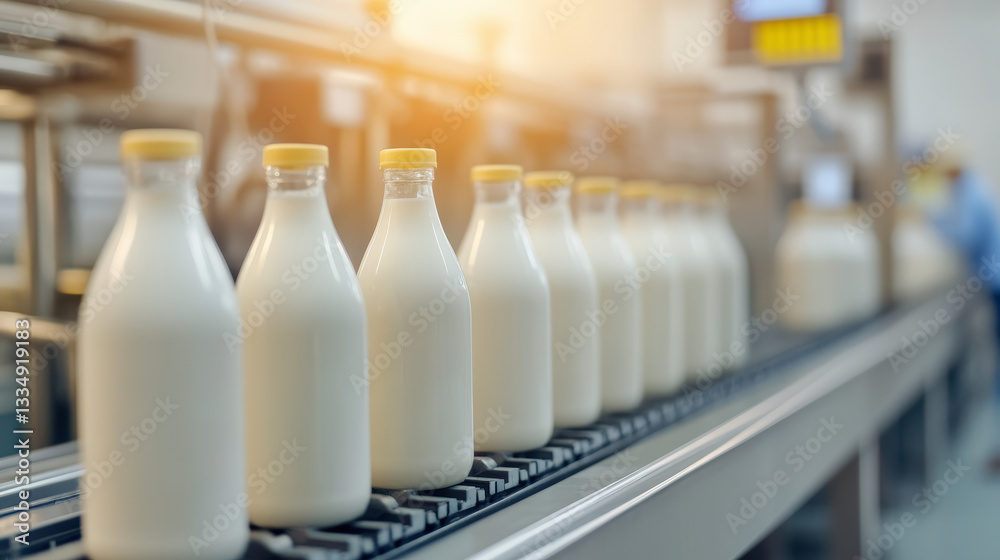 Row of sealed milk bottles on a conveyor belt in a dairy processing plant, illuminated by warm light, indicating modern production. Row of sealed milk bottles on a conveyor belt in a dairy processing plant, illuminated by warm light, indicating modern production.