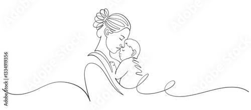 Mother and kids line art style vector illustration, mothers day celebration illustration