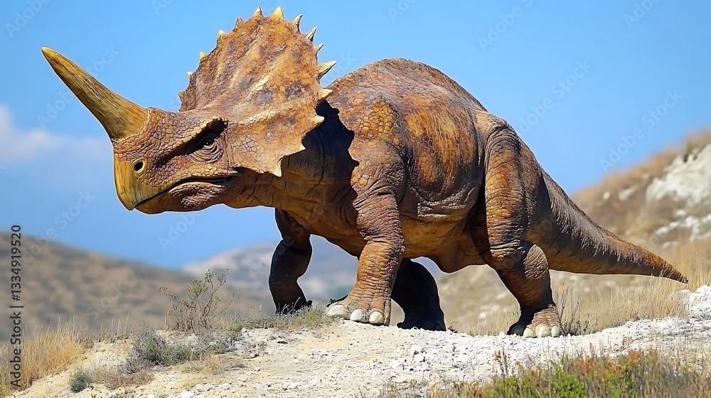 Fototapeta premium A large dinosaur model stands on a grassy hill with blue sky