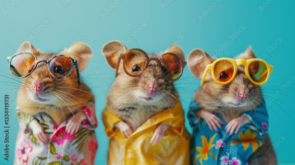 Fototapeta premium Three adorable fancy mice wearing vibrant summer shirts and stylish sunglasses, posing together against a bright turquoise background, ready for a fun vacation