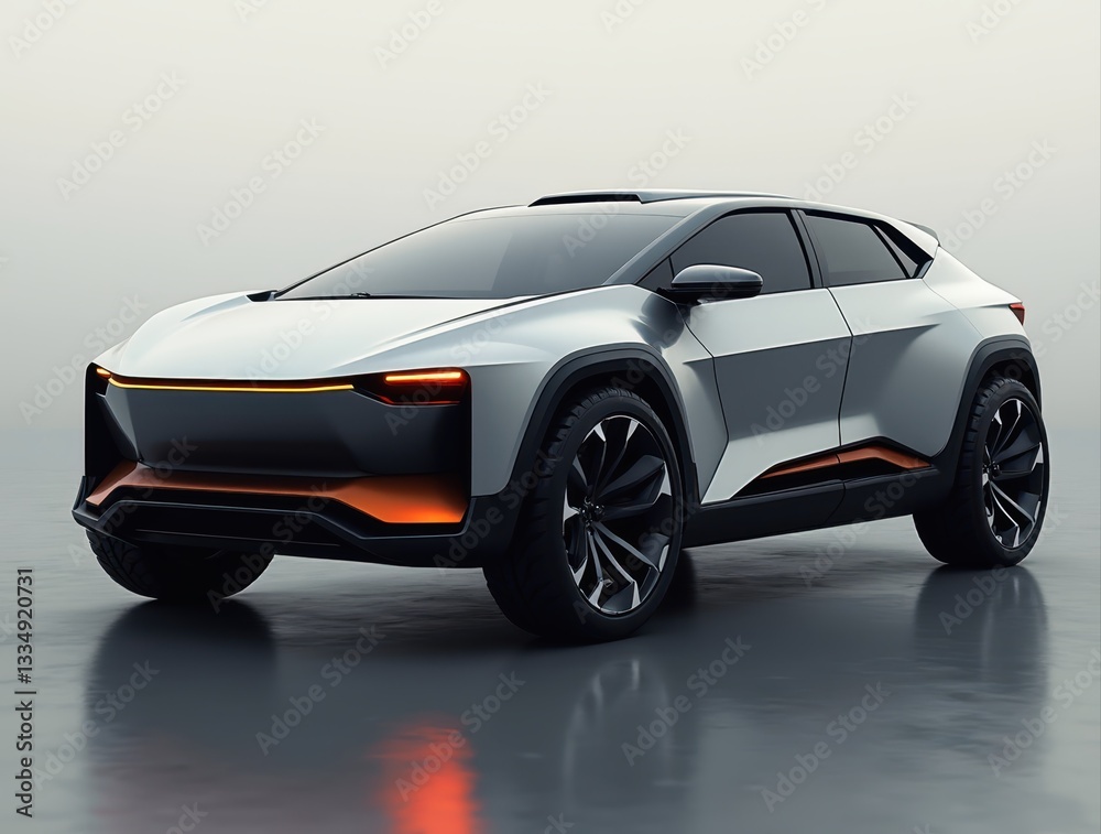 Naklejka premium Futuristic suv reflecting on polished floor in studio setting
