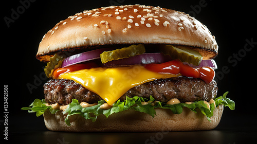 Juicy Cheeseburger with Fresh Ingredients on Black Background in Dramatic Lighting