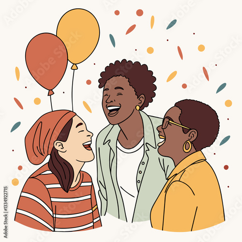 Group of Friends Sharing Laughter and Joy with Balloons and Confetti