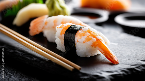 Obraz na płótnie Elegant Shrimp Nigiri Sushi with Nori and Chopsticks on Black Slate w salonie