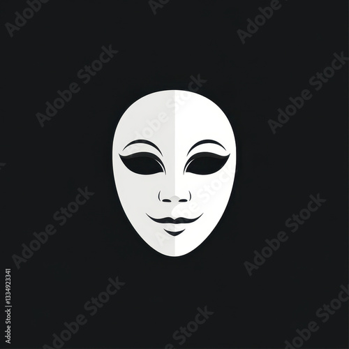 White mask with black eyes, placed against a colorful graffiti wall.