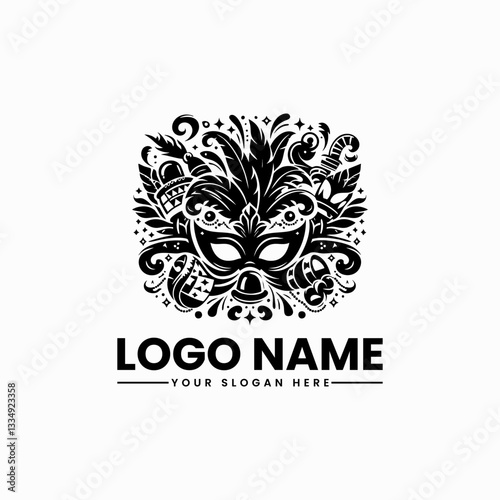 Bold Mardi Gras carnival logo, dynamic masquerade festival emblem with vibrant colors