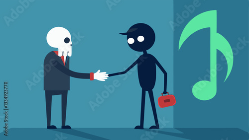 Music Note Pact with Streaming A music note shaking hands with a giant streaming service character but behind the music note is a shadow of a skeleton labeled royalties