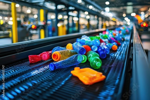 A colorful array of plastic bottles on a conveyor belt inside a recycling plant, destined for processing and reuse, promoting sustainability and reducing waste.
