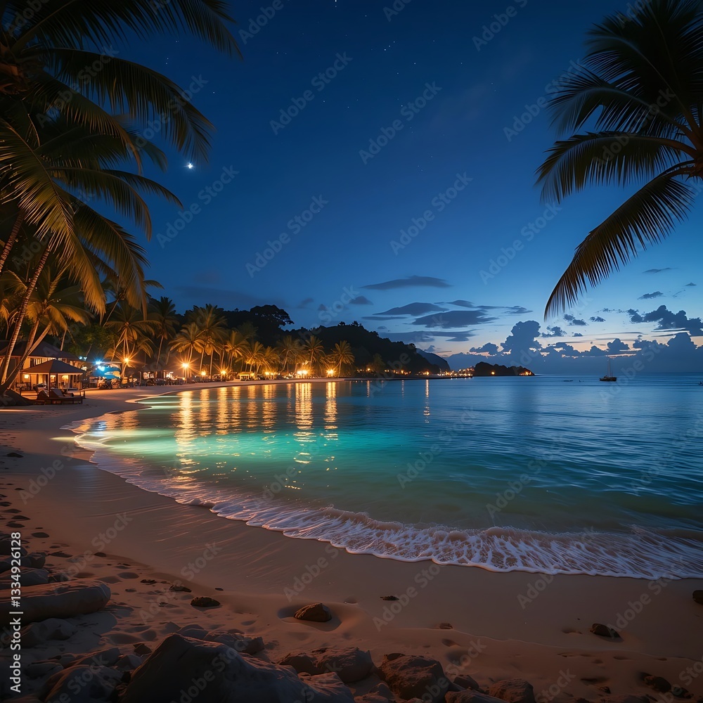 Fototapeta premium Tranquil Beach Resort at Night with Palm Trees and Glowing Water