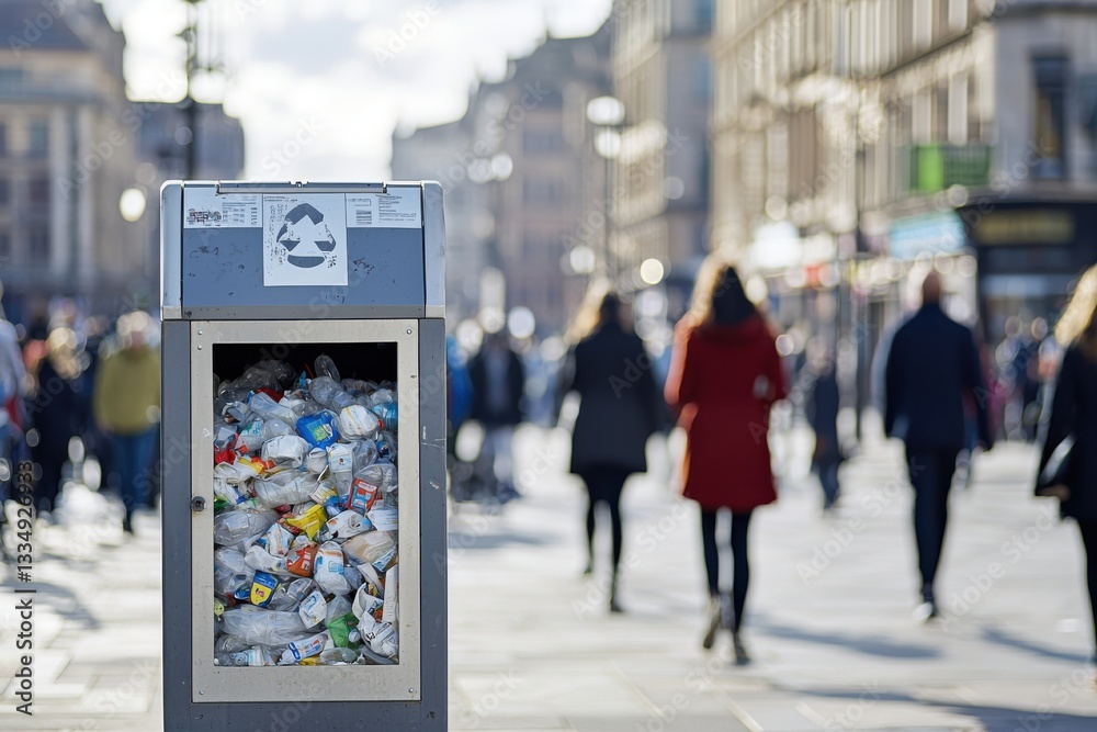 Fototapeta premium A full recycling bin on a busy city street, with blurred people in the background, illustrating urban waste management challenges and environmental sustainability efforts.