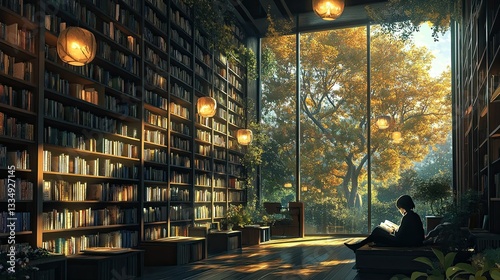Wallpaper Mural A quiet library with rows of bookshelves, soft lighting, and a person reading a book by the window. Torontodigital.ca