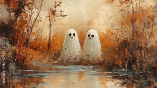 Fototapeta Naklejka Na Ścianę i Meble -  Two friendly white ghosts peacefully standing in a tranquil autumn forest reflecting in the calm water of a small river, painted with oil paint texture